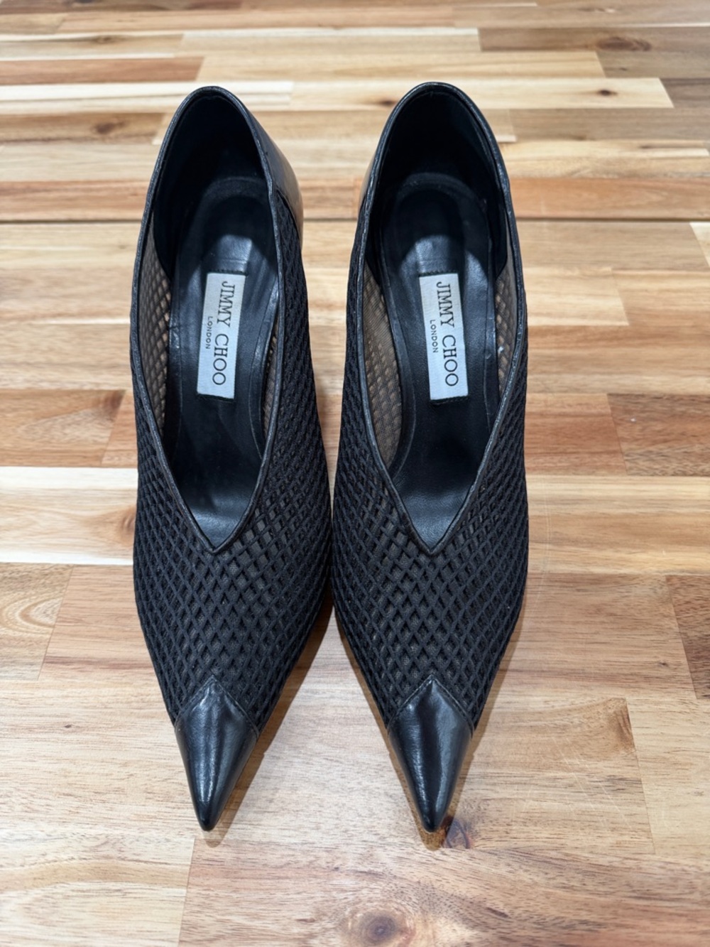 Jimmy Choo Black Pointed Toe Mesh & Leather Pumps